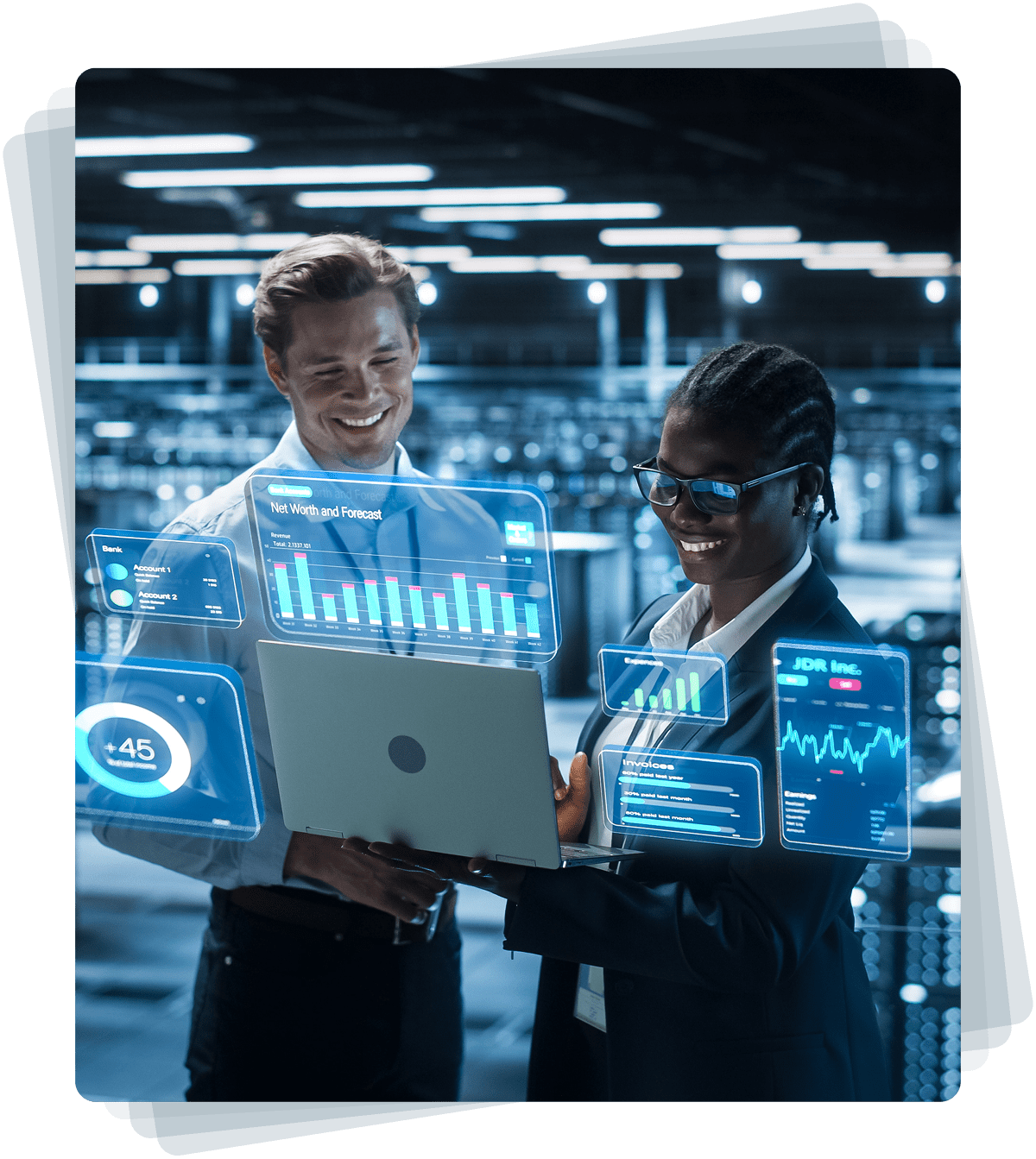 Two people analyzing digital financial data.