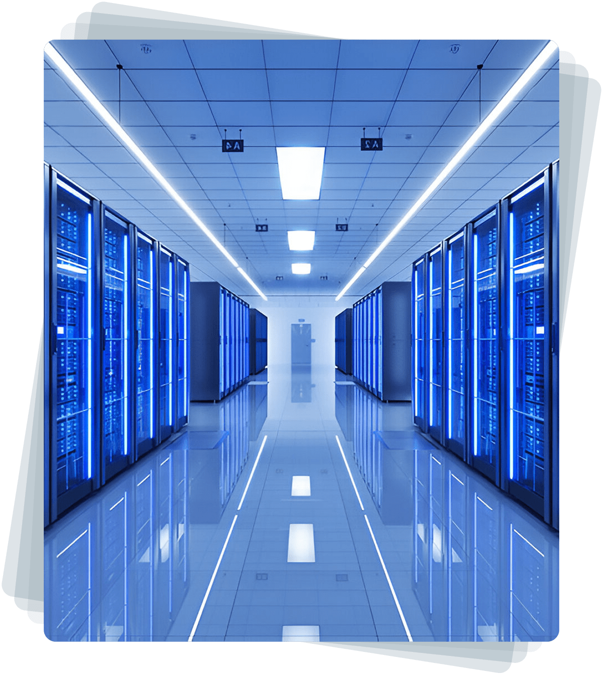 Modern data center with blue server lights.