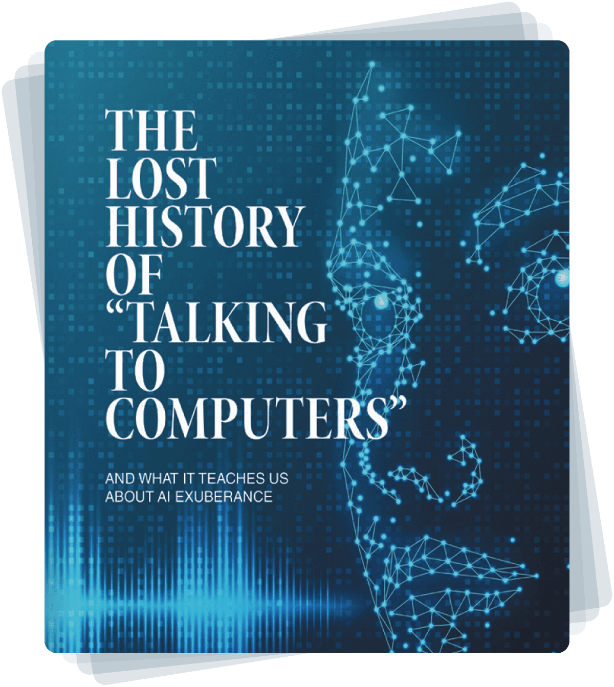 Digital face with text about AI history.